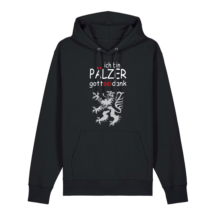 Hoodie in schwarz mit Schriftzug ich bin Pälzer gott sei dank und silbernem Löwenmotiv.