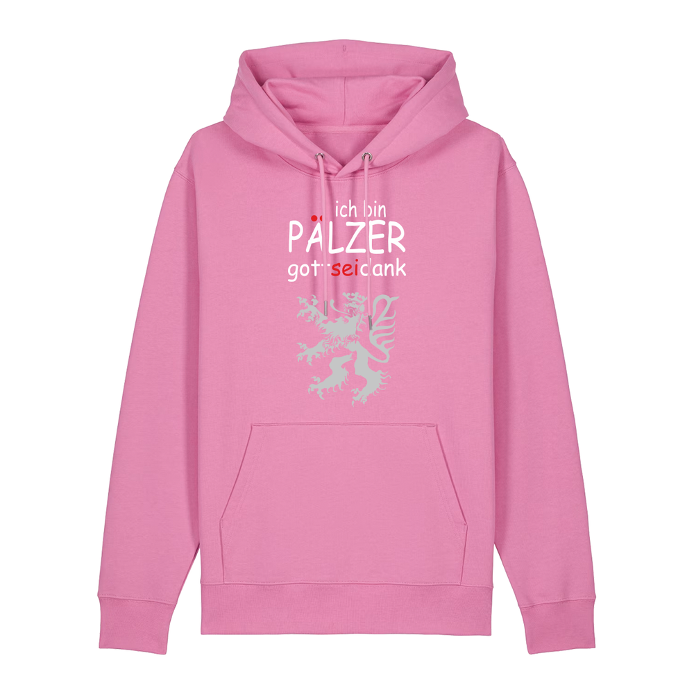 Hoodie in bubbelpink mit Schriftzug ich bin Pälzer gott sei dank und silbernem Löwenmotiv.