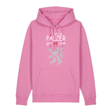 Hoodie in bubbelpink mit Schriftzug ich bin Pälzer gott sei dank und silbernem Löwenmotiv.