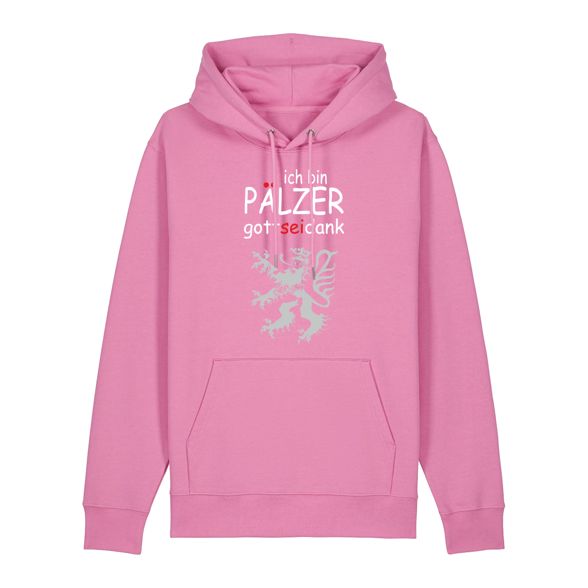 Hoodie in bubbelpink mit Schriftzug ich bin Pälzer gott sei dank und silbernem Löwenmotiv.