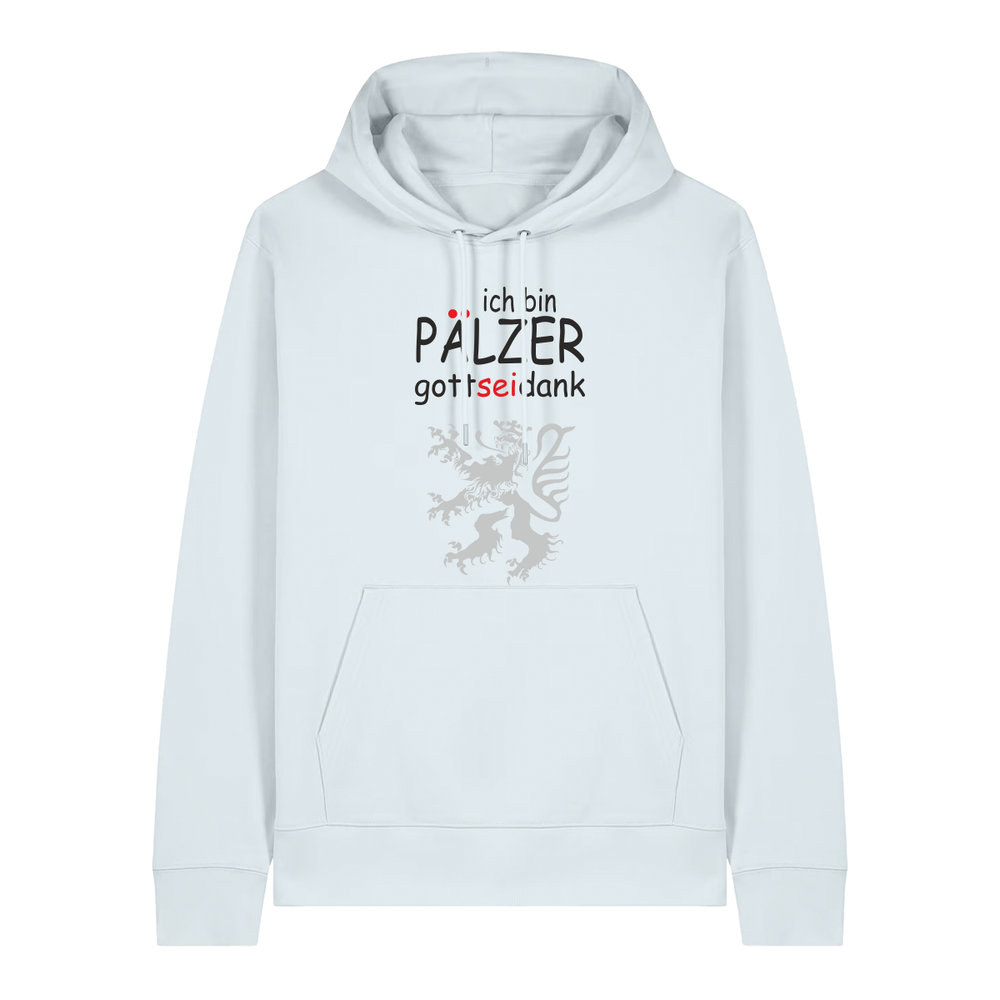 Hoodie in eisblau mit Schriftzug ich bin Pälzer gott sei dank und silbernem Löwenmotiv.