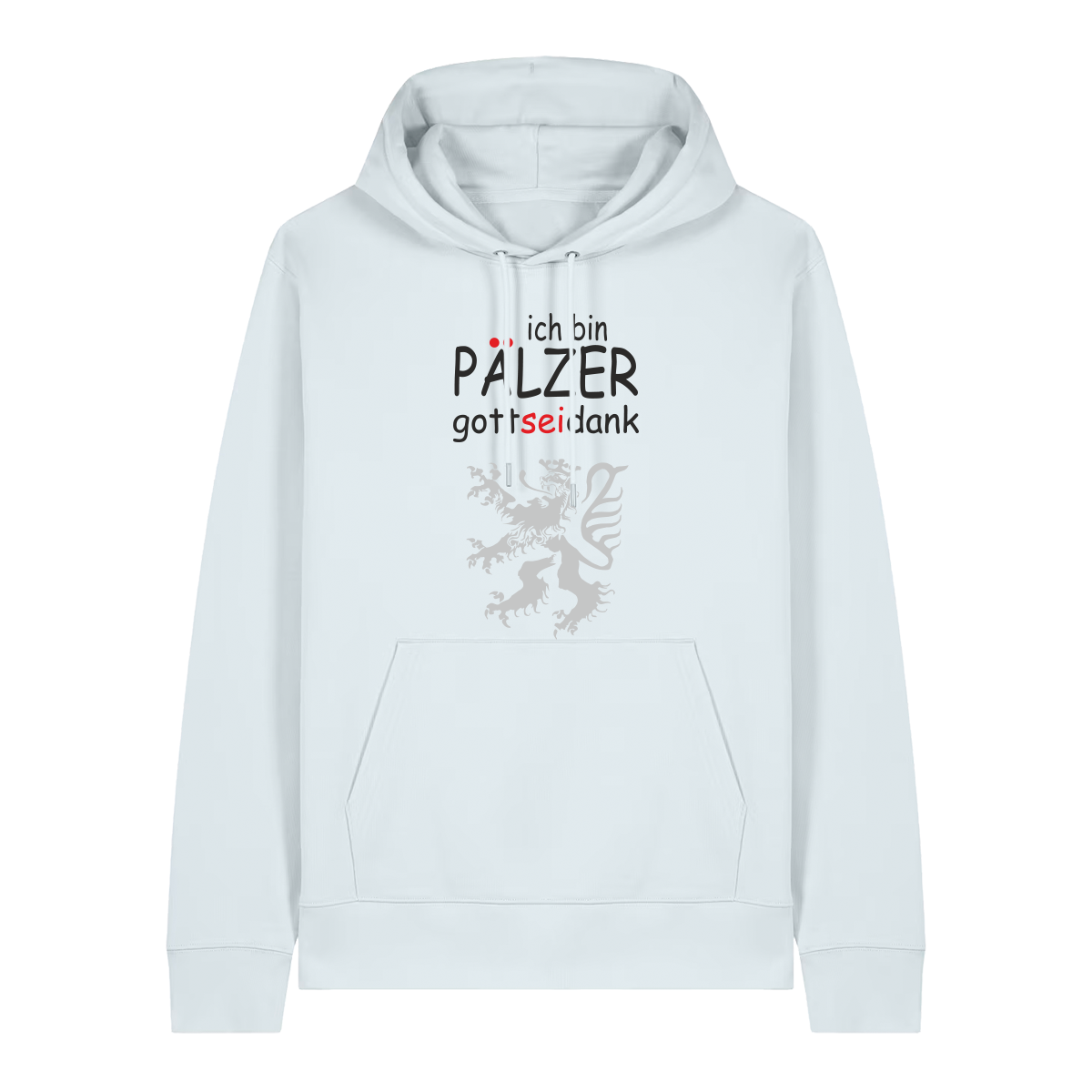 Hoodie in eisblau mit Schriftzug ich bin Pälzer gott sei dank und silbernem Löwenmotiv.