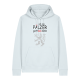 Hoodie in eisblau mit Schriftzug ich bin Pälzer gott sei dank und silbernem Löwenmotiv.