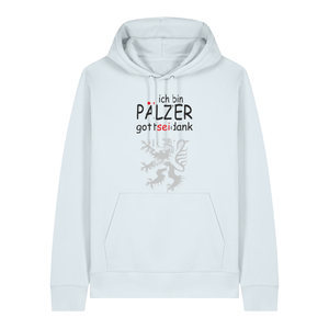 Hoodie in eisblau mit Schriftzug ich bin Pälzer gott sei dank und silbernem Löwenmotiv.