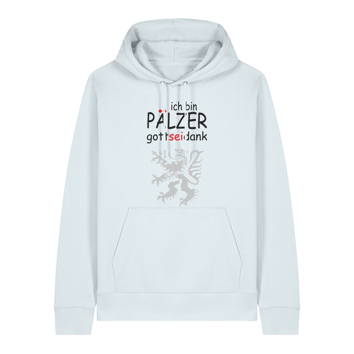 Hoodie in eisblau mit Schriftzug ich bin Pälzer gott sei dank und silbernem Löwenmotiv.
