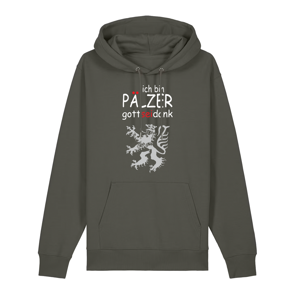 Hoodie in khaki mit Schriftzug ich bin Pälzer gott sei dank und silbernem Löwenmotiv.