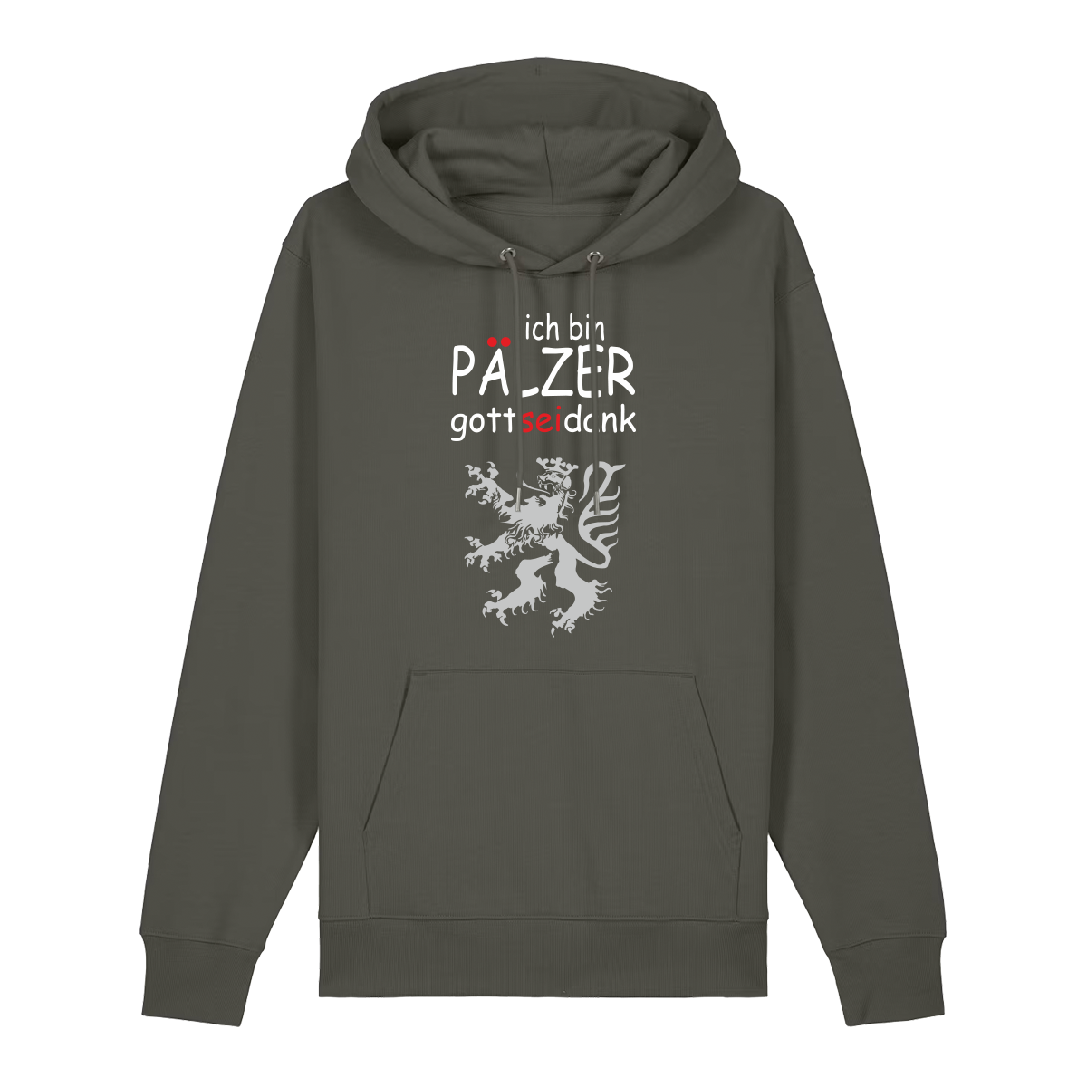 Hoodie in khaki mit Schriftzug ich bin Pälzer gott sei dank und silbernem Löwenmotiv.