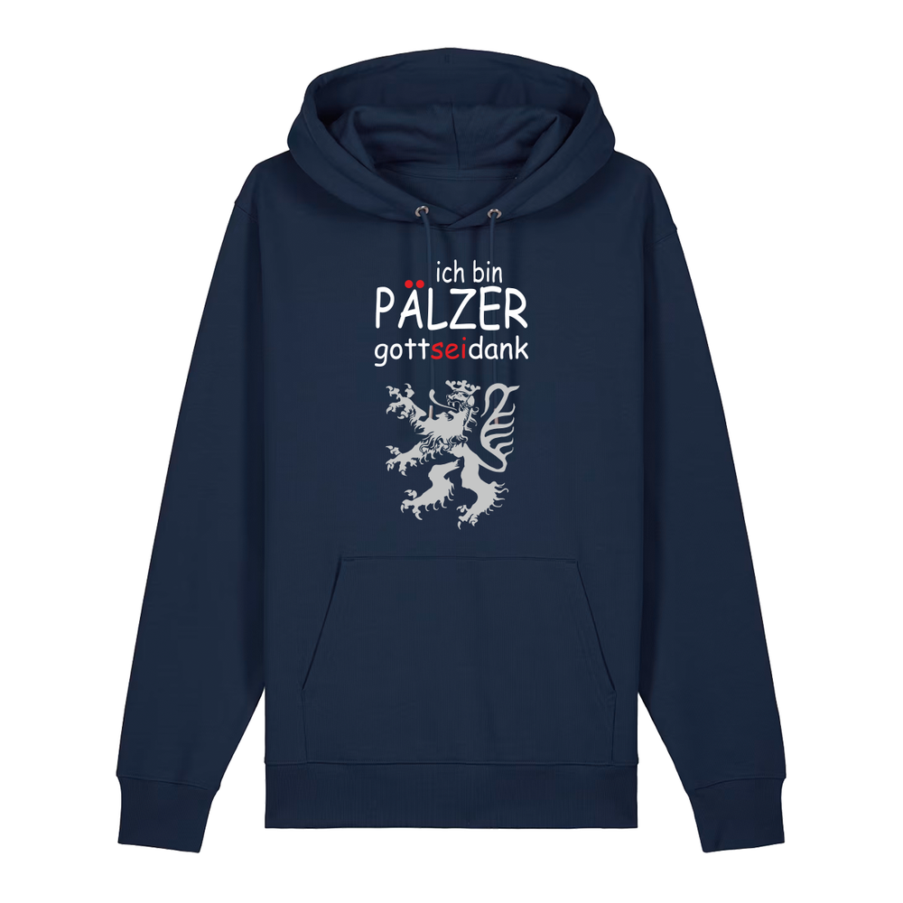 Hoodie in navy mit Schriftzug ich bin Pälzer gott sei dank und silbernem Löwenmotiv.