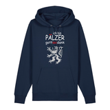 Hoodie in navy mit Schriftzug ich bin Pälzer gott sei dank und silbernem Löwenmotiv.