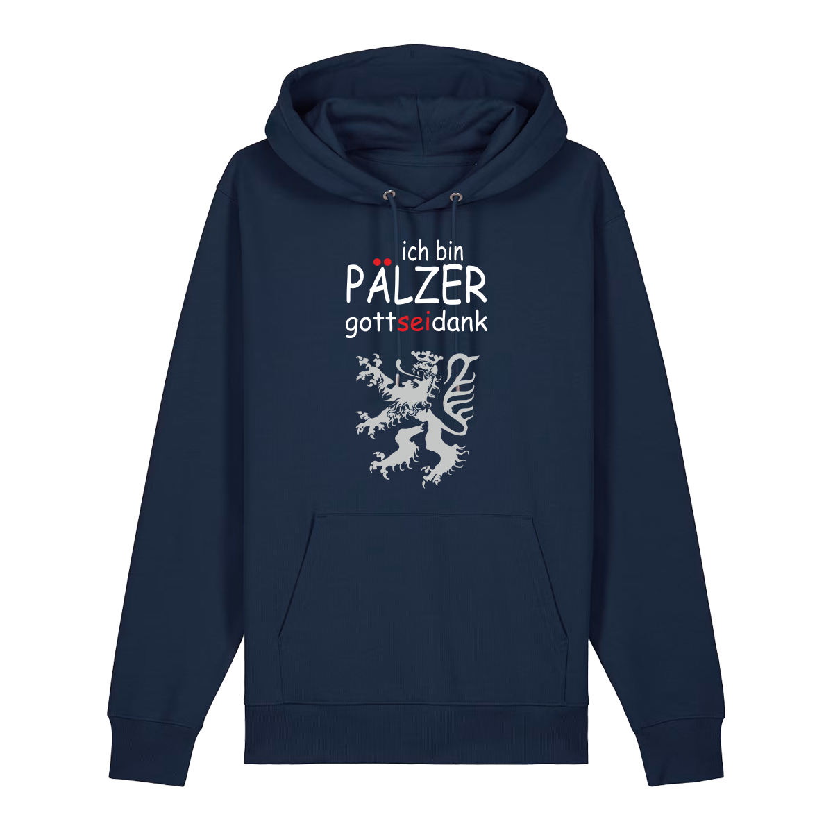 Hoodie in navy mit Schriftzug ich bin Pälzer gott sei dank und silbernem Löwenmotiv.