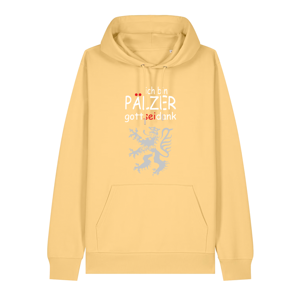 Hoodie in gelb mit Schriftzug ich bin Pälzer gott sei dank und silbernem Löwenmotiv.