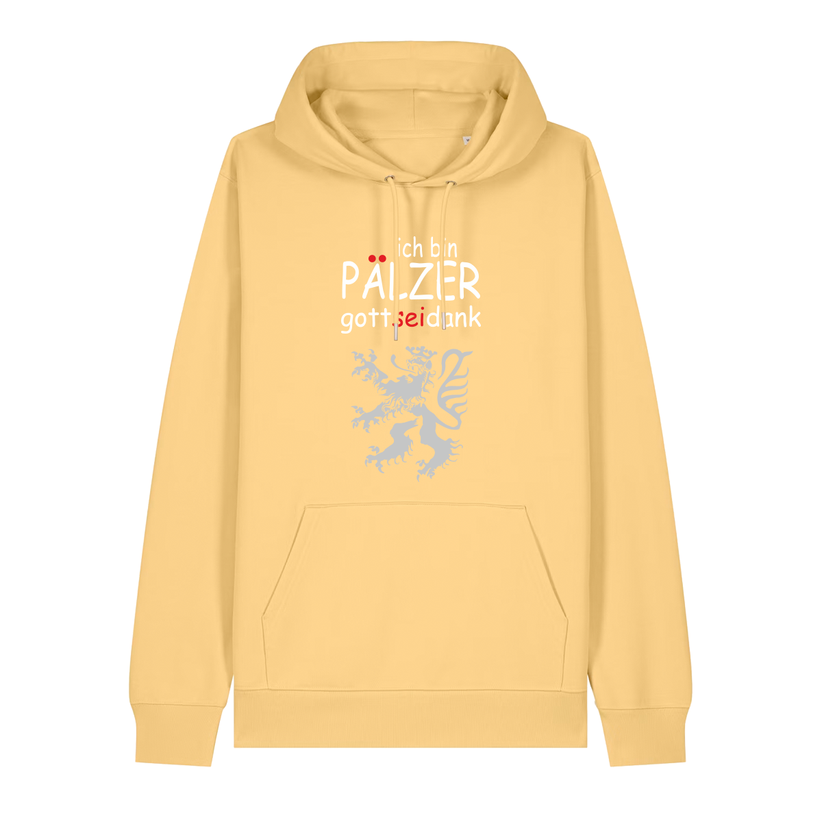 Hoodie in gelb mit Schriftzug ich bin Pälzer gott sei dank und silbernem Löwenmotiv.
