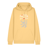 Hoodie in gelb mit Schriftzug ich bin Pälzer gott sei dank und silbernem Löwenmotiv.