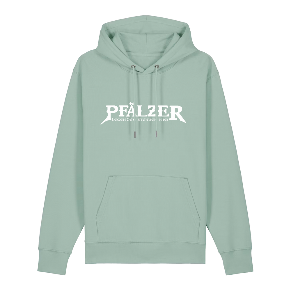 Hoodie in aloe mit weißem Aufdruck "Pfälzer Legenden sterben nie!".