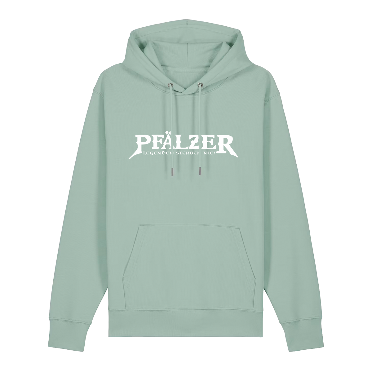 Hoodie in aloe mit weißem Aufdruck "Pfälzer Legenden sterben nie!".