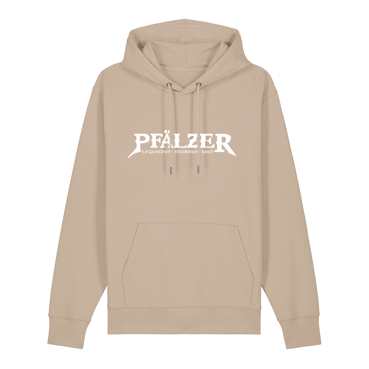 Hoodie in beige mit weißem Aufdruck "Pfälzer Legenden sterben nie!". 