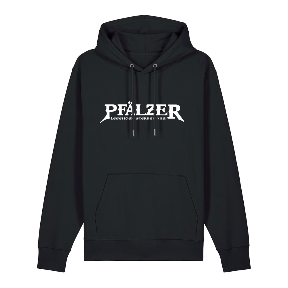 Hoodie in schwarz mit weißem Aufdruck "Pfälzer Legenden sterben nie!". 