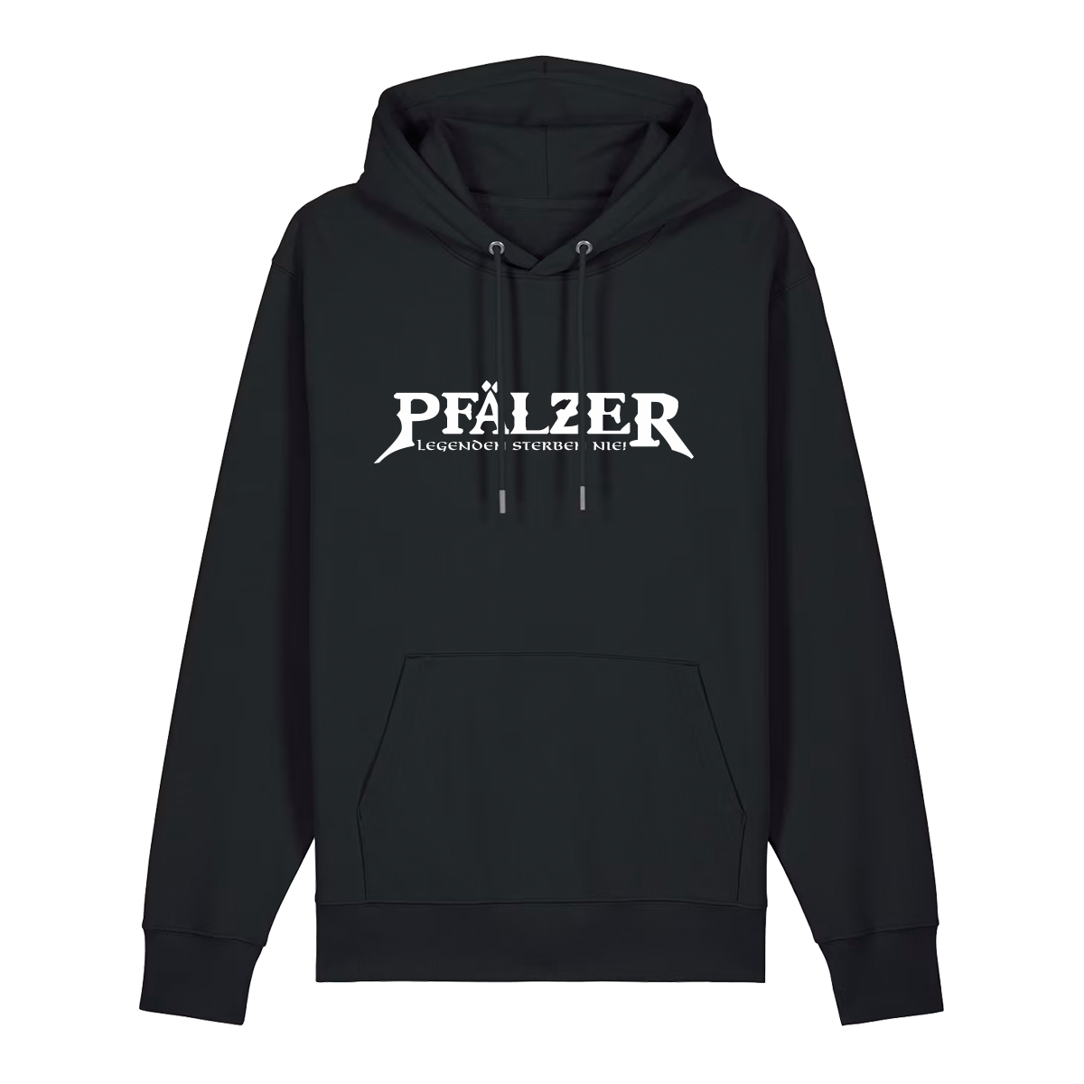 Hoodie in schwarz mit weißem Aufdruck "Pfälzer Legenden sterben nie!". 