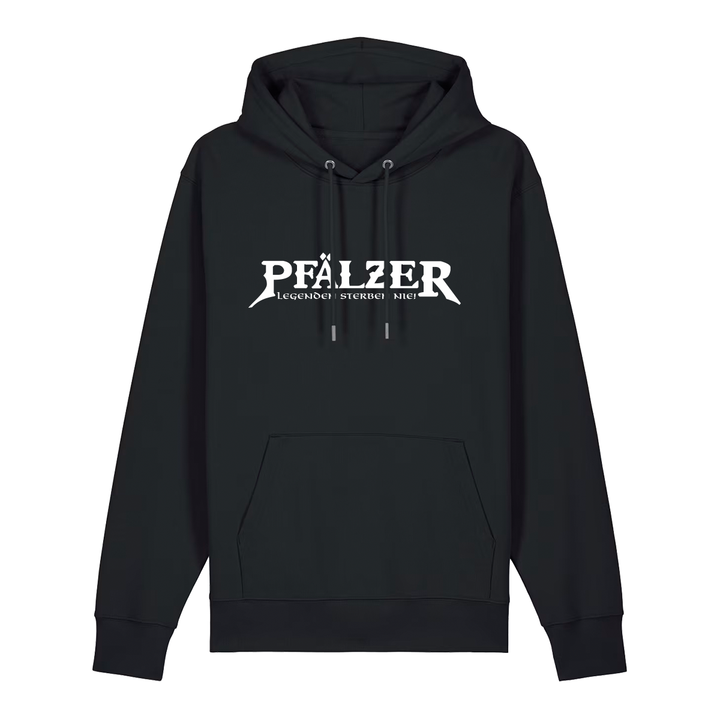 Hoodie in schwarz mit weißem Aufdruck "Pfälzer Legenden sterben nie!". 