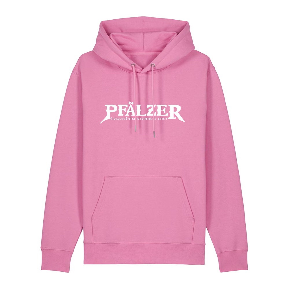 Hoodie in bubbelpink mit weißem Aufdruck "Pfälzer Legenden sterben nie!".