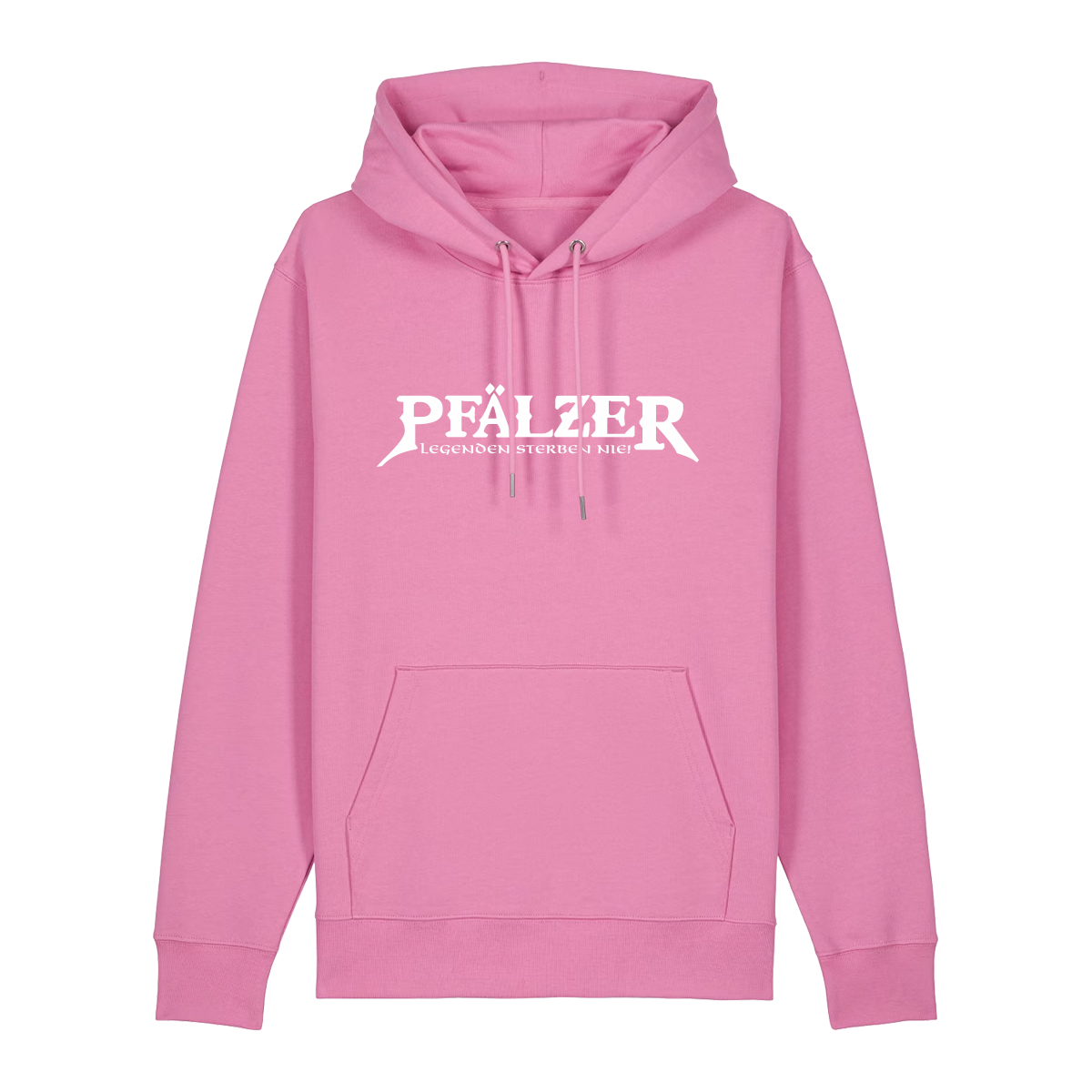 Hoodie in bubbelpink mit weißem Aufdruck "Pfälzer Legenden sterben nie!".