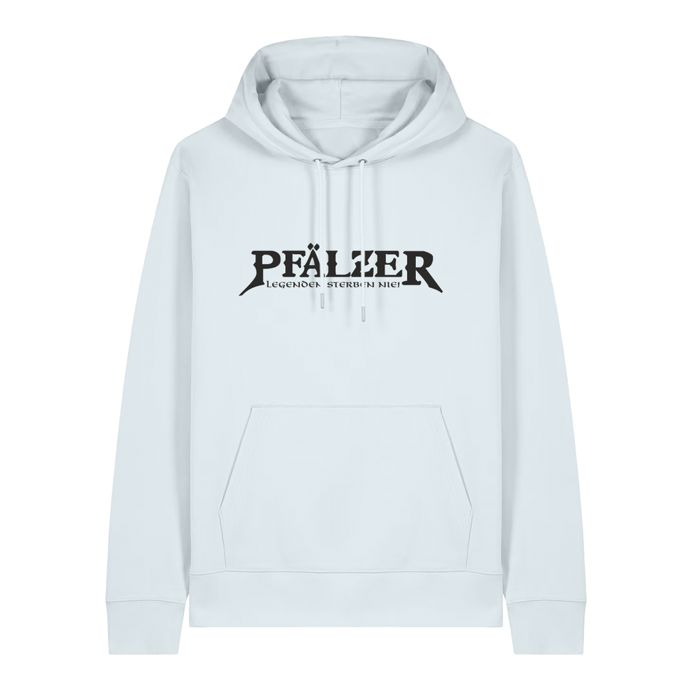 Hoodie in eisblau mit schwarzem Aufdruck "Pfälzer Legenden sterben nie!".