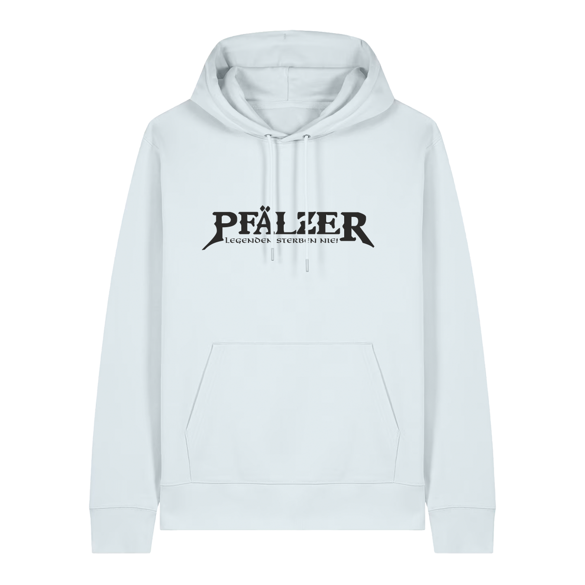 Hoodie in eisblau mit schwarzem Aufdruck "Pfälzer Legenden sterben nie!".