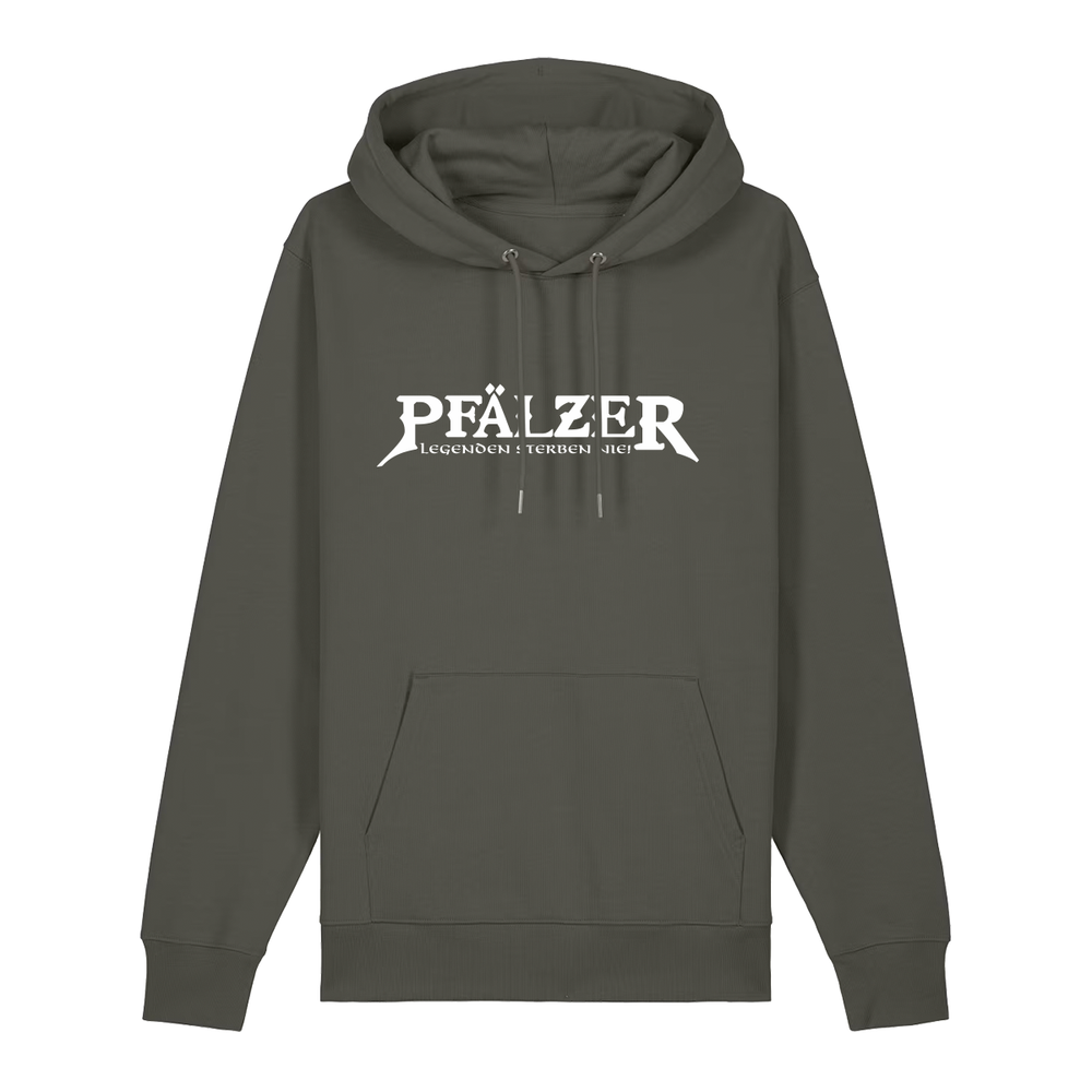 Hoodie in khaki mit weißem Aufdruck "Pfälzer Legenden sterben nie!".