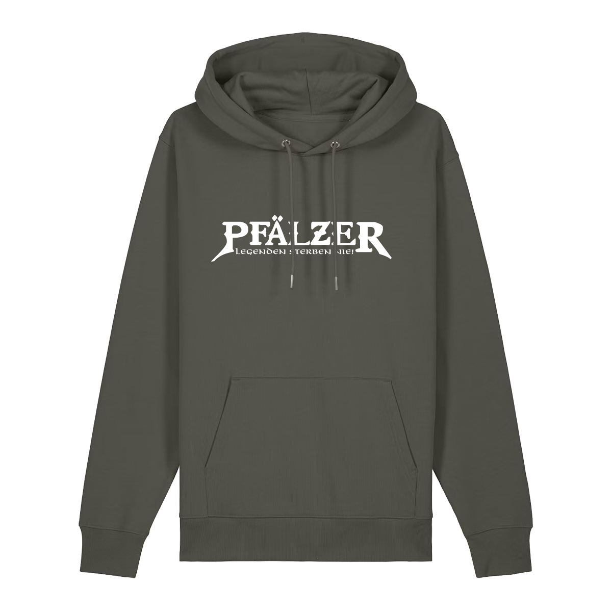 Hoodie in khaki mit weißem Aufdruck "Pfälzer Legenden sterben nie!".