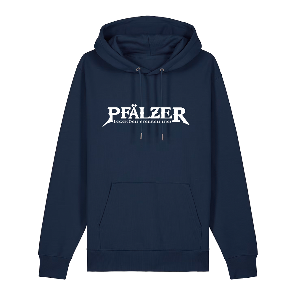 Hoodie in navy mit weißem Aufdruck "Pfälzer Legenden sterben nie!". 