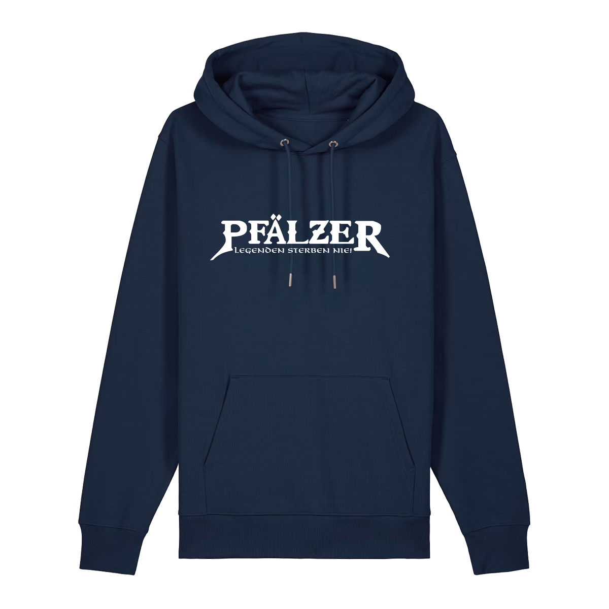 Hoodie in navy mit weißem Aufdruck "Pfälzer Legenden sterben nie!". 