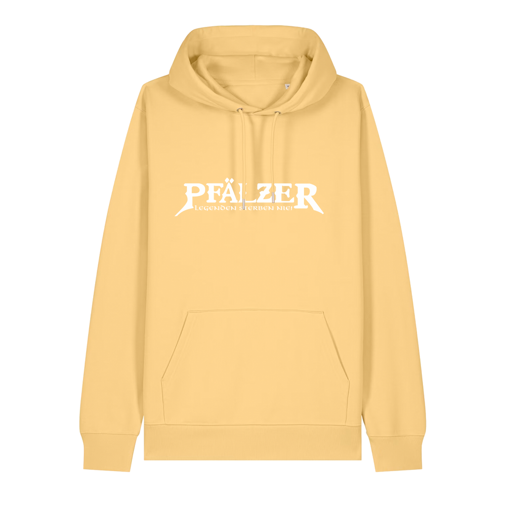 Hoodie in gelb mit weißem Aufdruck "Pfälzer Legenden sterben nie!".