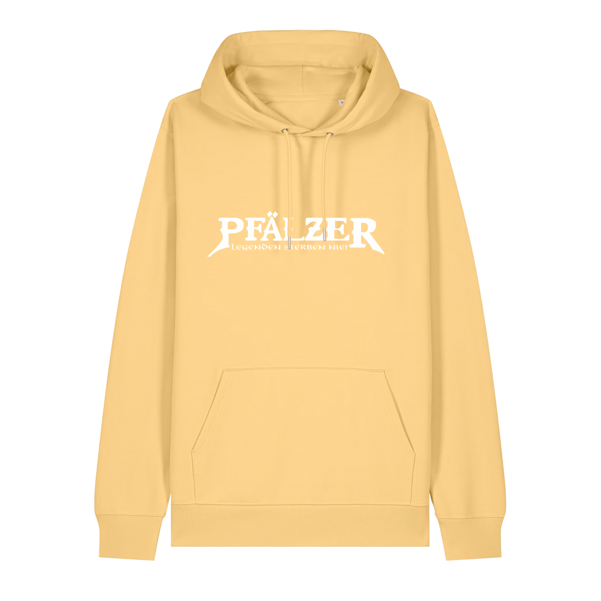 Hoodie in gelb mit weißem Aufdruck "Pfälzer Legenden sterben nie!".