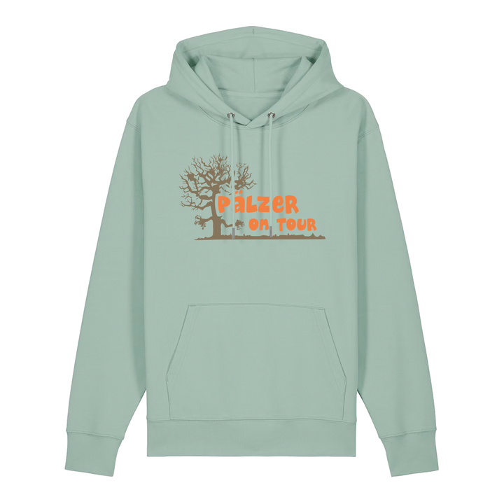 Hoodie in aloe mit orangenem Aufdruck „Pälzer on Tour und Baumgrafik“.