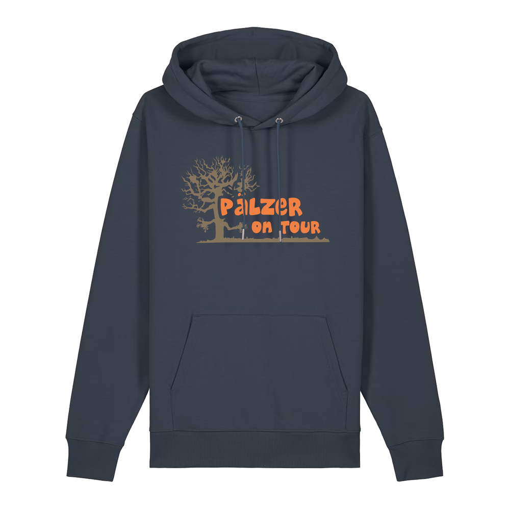Hoodie in anthrazit mit orangenem Aufdruck „Pälzer on Tour und Baumgrafik“.