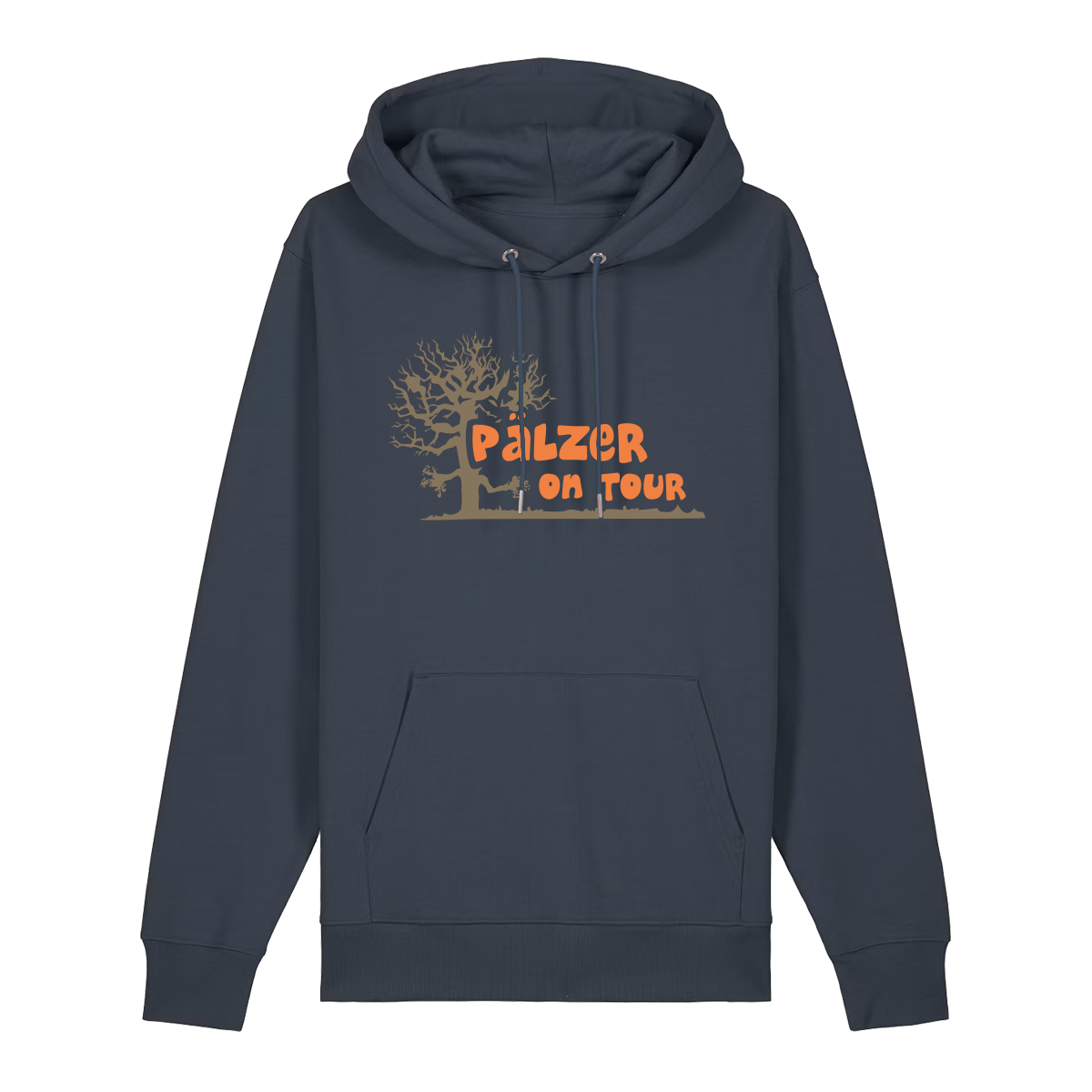 Hoodie in anthrazit mit orangenem Aufdruck „Pälzer on Tour und Baumgrafik“.