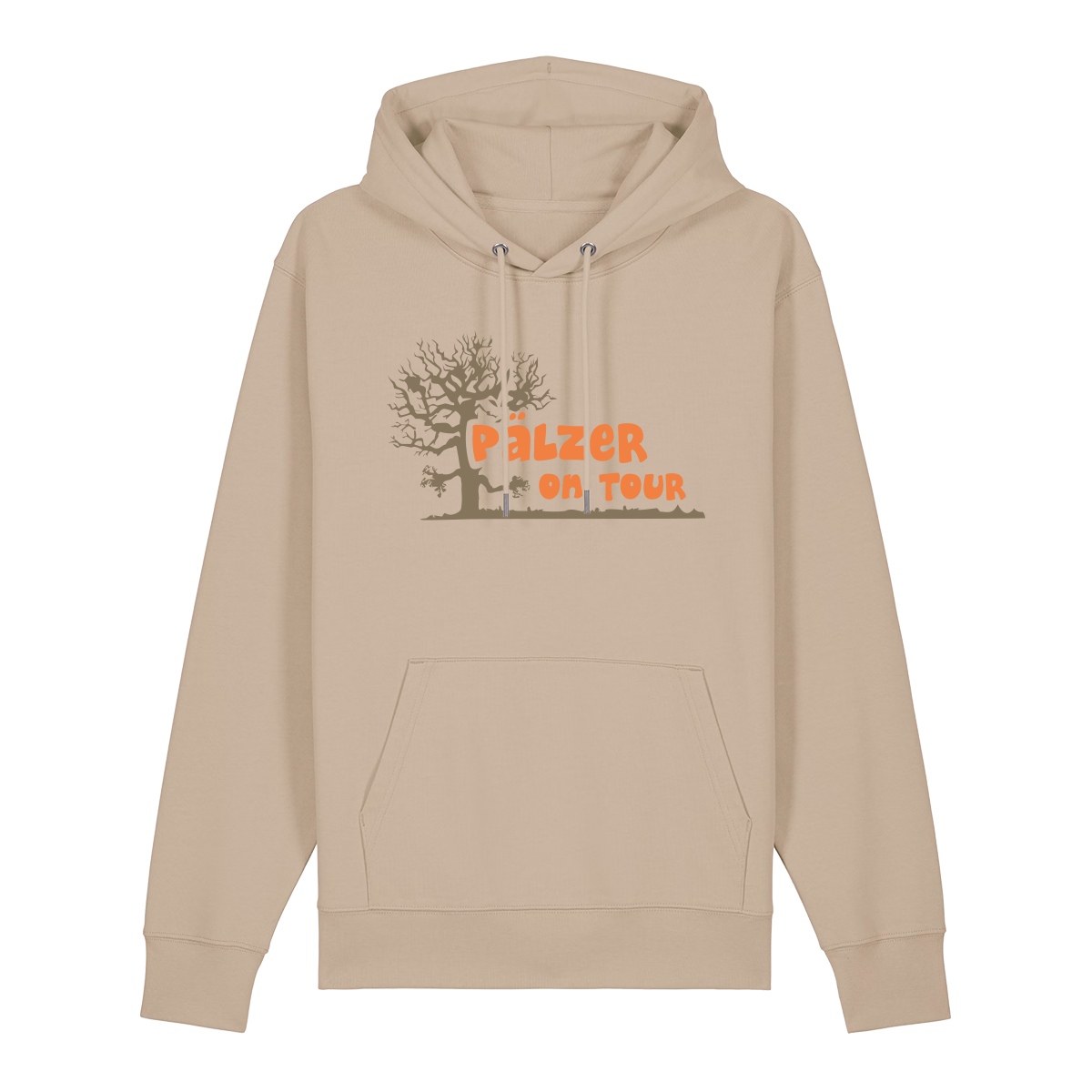 Hoodie in beige mit orangenem Aufdruck „Pälzer on Tour und Baumgrafik“.