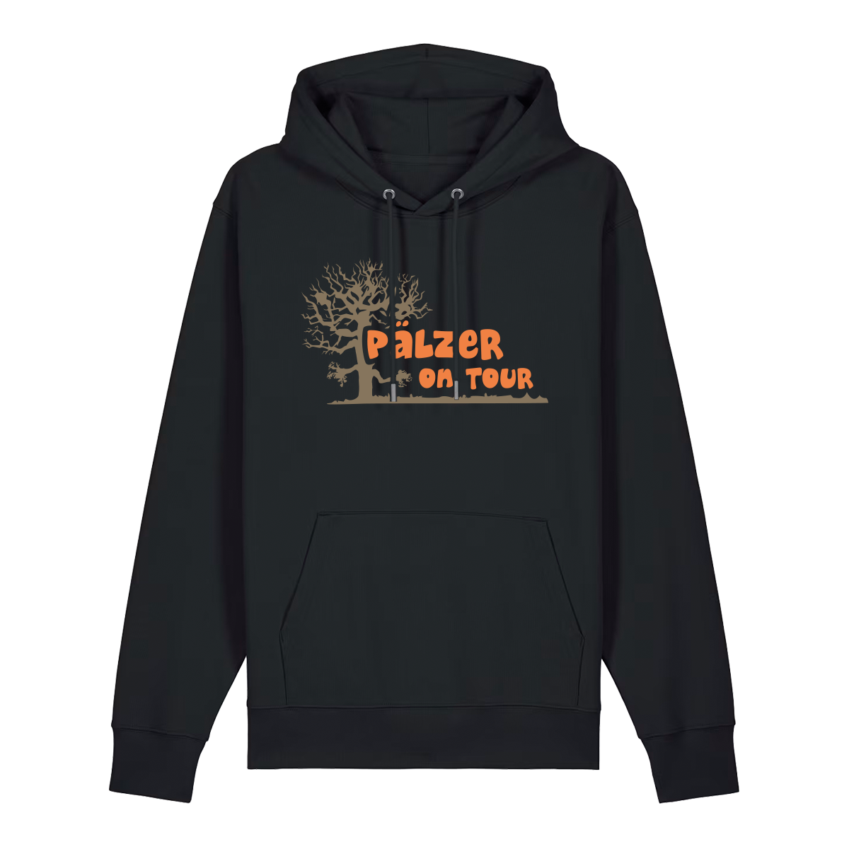 Hoodie in schwarz mit orangenem Aufdruck „Pälzer on Tour und Baumgrafik“.