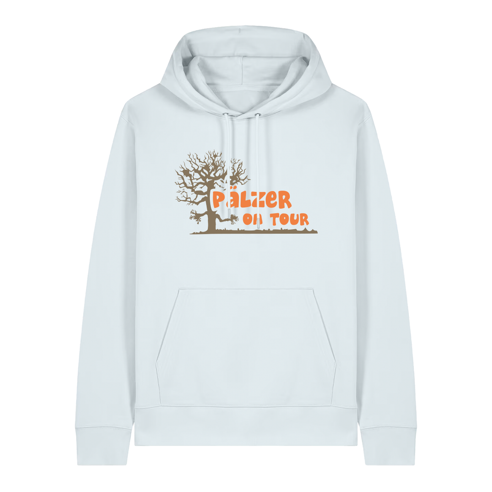 Hoodie in eisblau mit orangenem Aufdruck „Pälzer on Tour und Baumgrafik“.