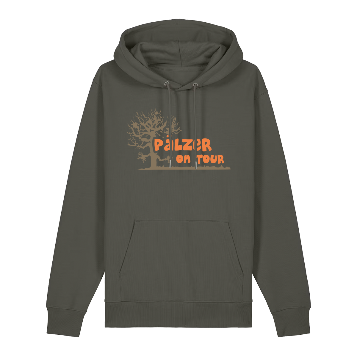 Hoodie in khaki mit orangenem Aufdruck „Pälzer on Tour und Baumgrafik“.
