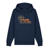 Hoodie in navy mit orangenem Aufdruck „Pälzer on Tour und Baumgrafik“.