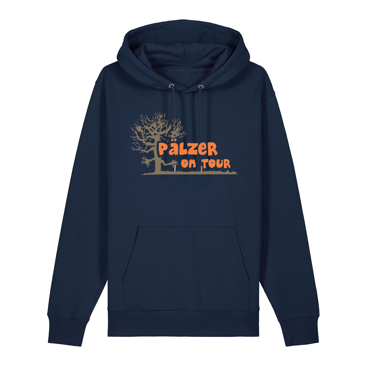 Hoodie in navy mit orangenem Aufdruck „Pälzer on Tour und Baumgrafik“.