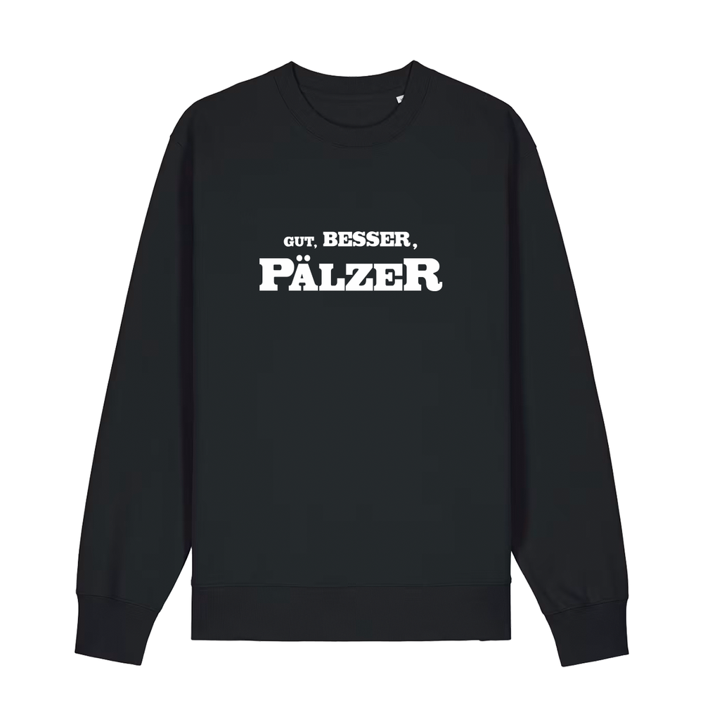 Sweater in schwarz mit weißem Aufdruck "Gut, besser, Pälzer". 