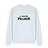 Sweater in eisblau mit schwarzem Aufdruck "Gut, besser, Pälzer". 