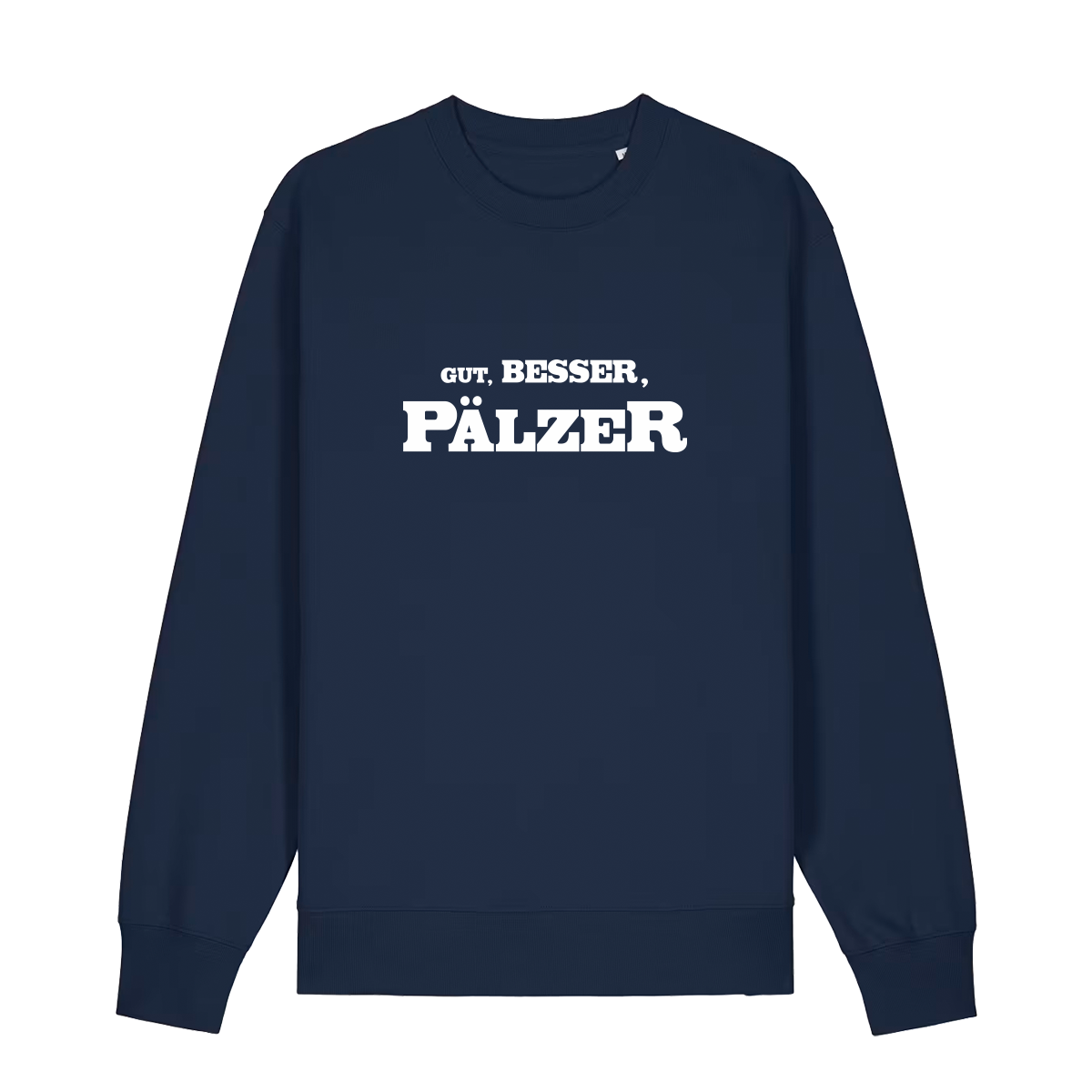 Sweater in navy mit weißem Aufdruck "Gut, besser, Pälzer". 