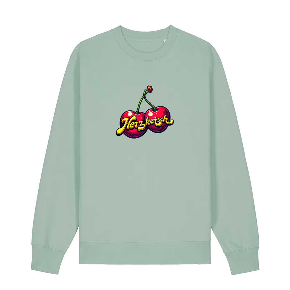 Sweater in aloe mit Kirschmotiv und Schriftzug Herzkersch.
