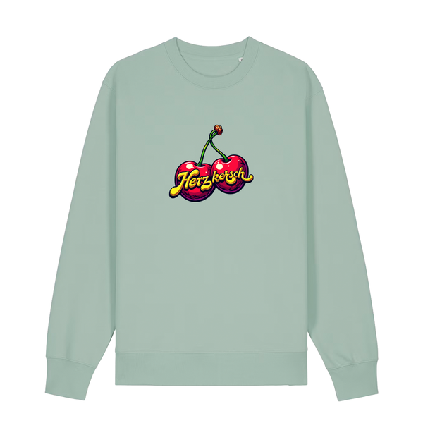 Sweater in aloe mit Kirschmotiv und Schriftzug Herzkersch.