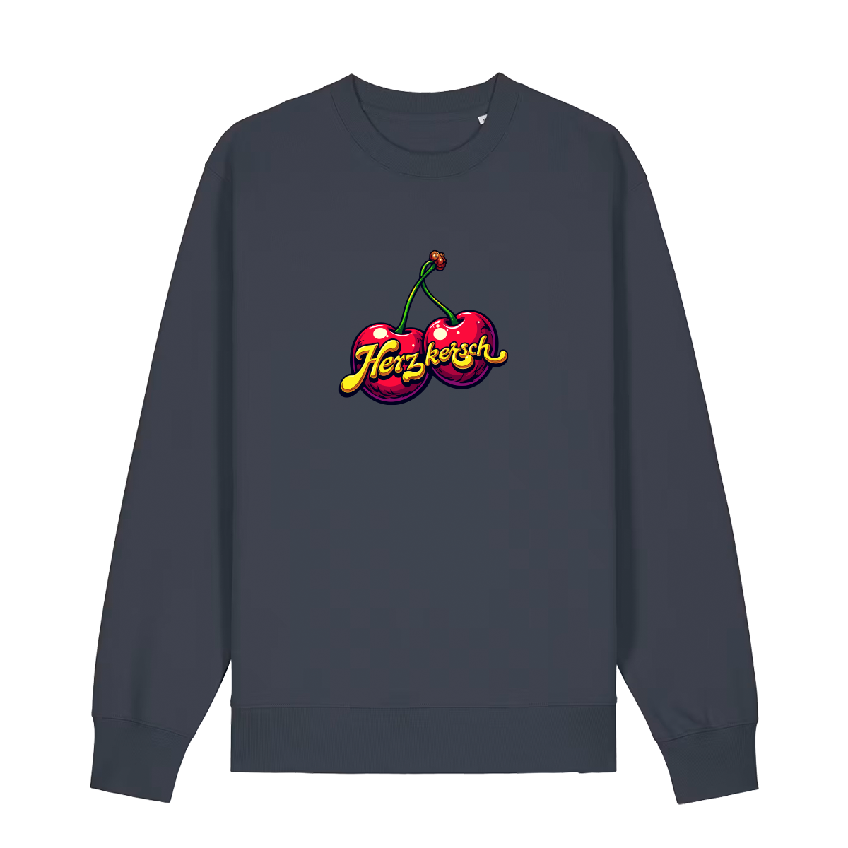 Sweater in anthrazit mit Kirschmotiv und Schriftzug Herzkersch.