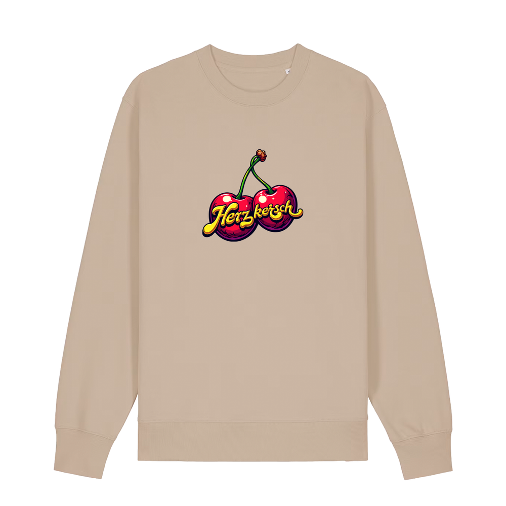 Sweater in beige mit Kirschmotiv und Schriftzug Herzkersch.