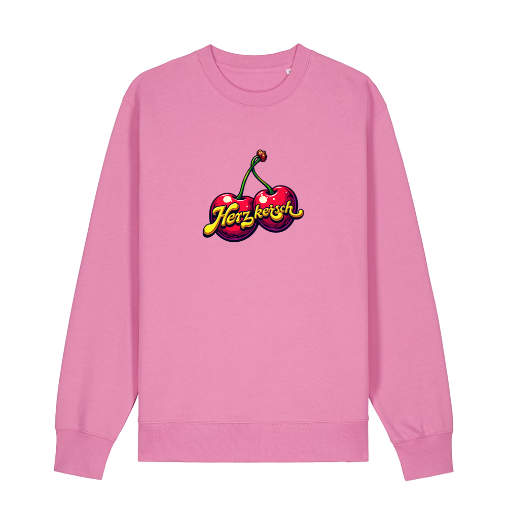 Sweater in bubbelpink mit Kirschmotiv und Schriftzug Herzkersch.